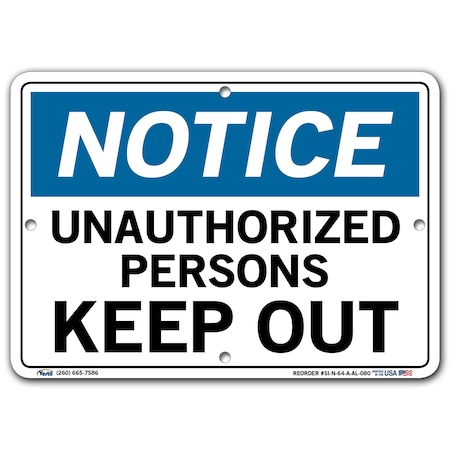 Vestil Aluminum Sign, 7-1/2" Height, 10-1/2" Width, Aluminum, Rectangle, English SI-N-64-A-AL-080